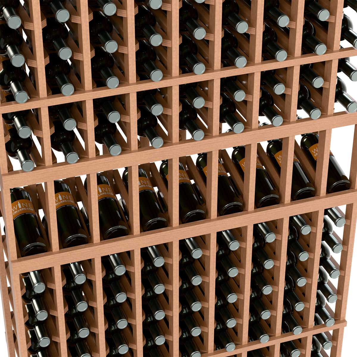 Close-up of light wood wine bottle rack rows with bottle necks and caps