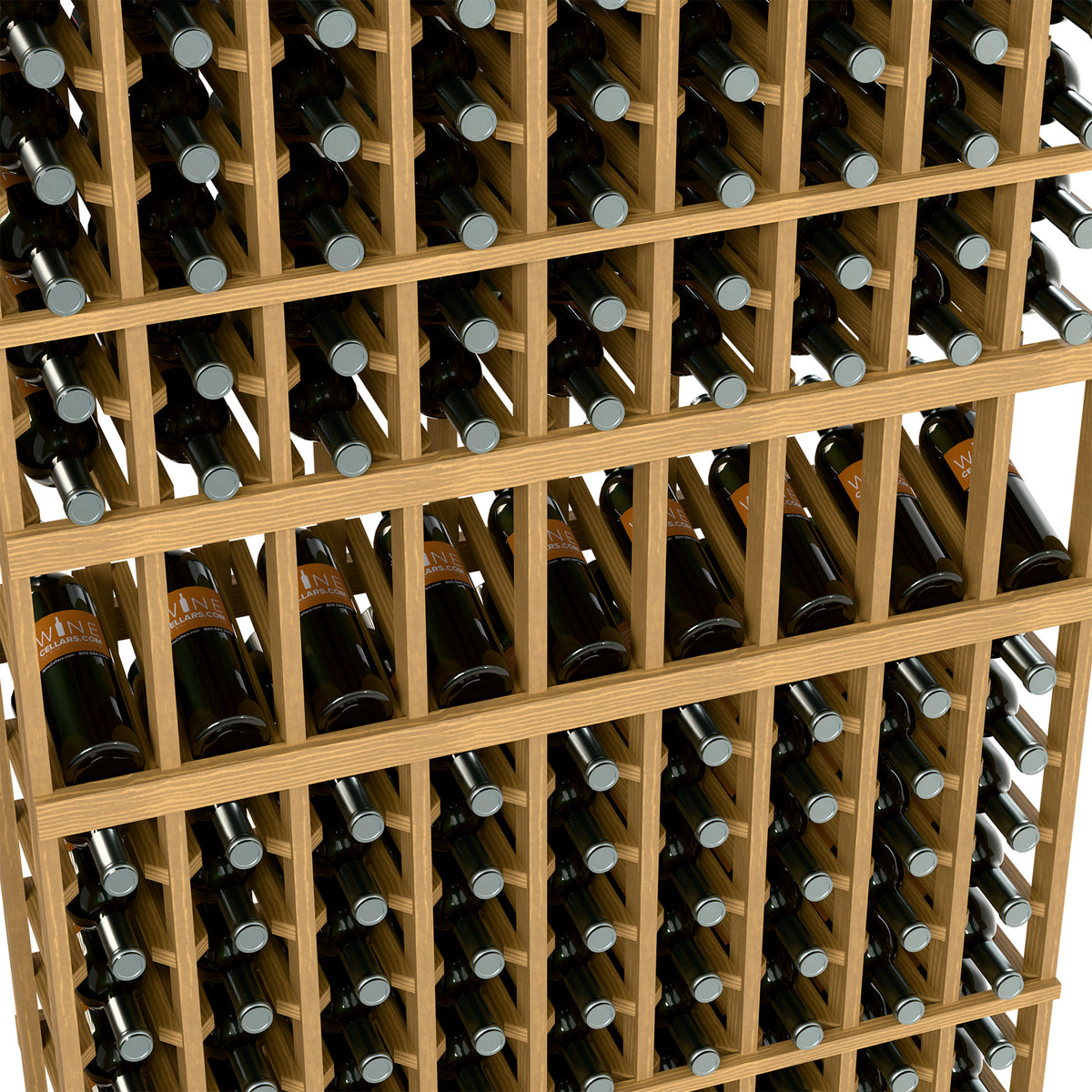 Close-up view of light wood wine bottle rack with front bottle openings