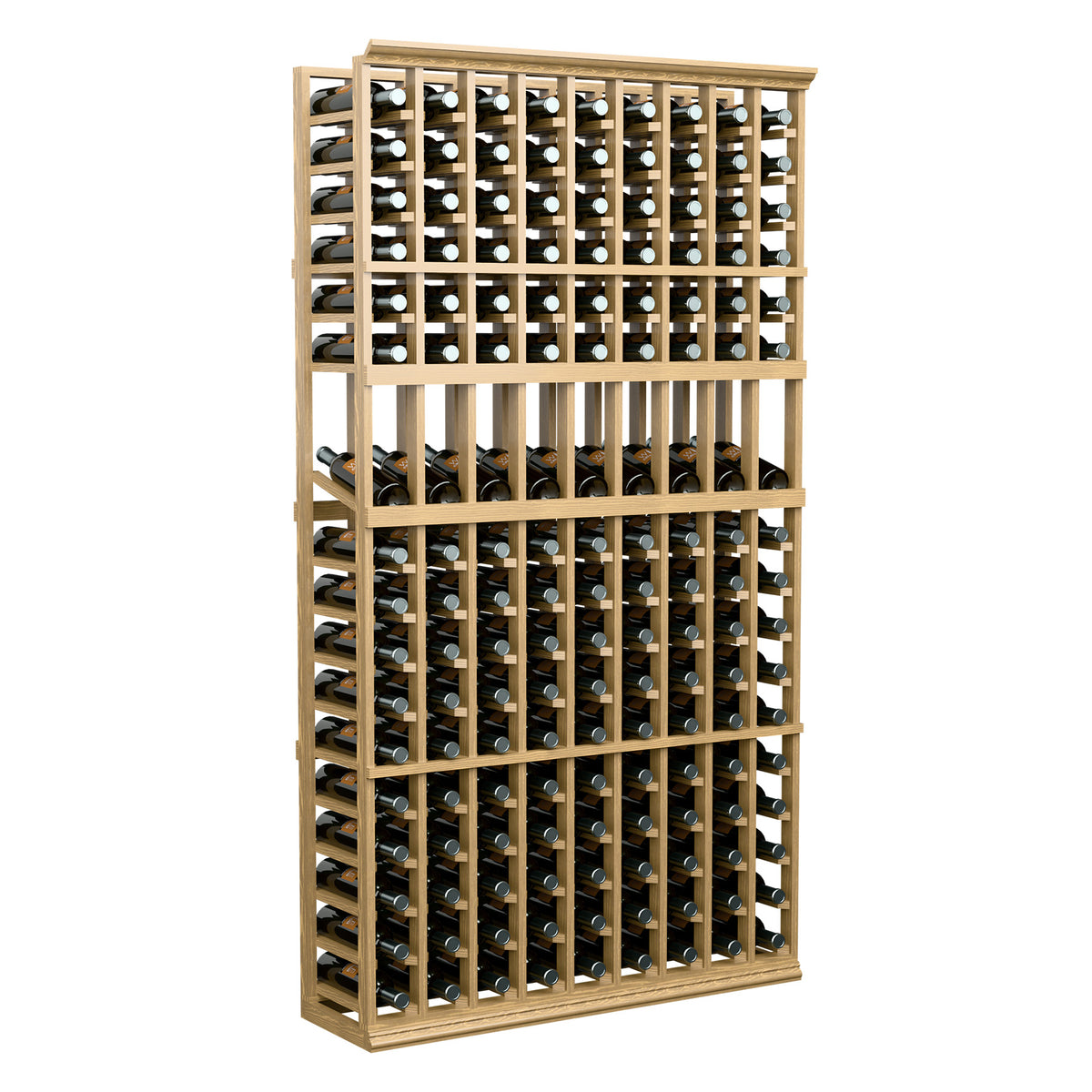 Light wood 9-column wine bottle display rack with evenly spaced bottle holders