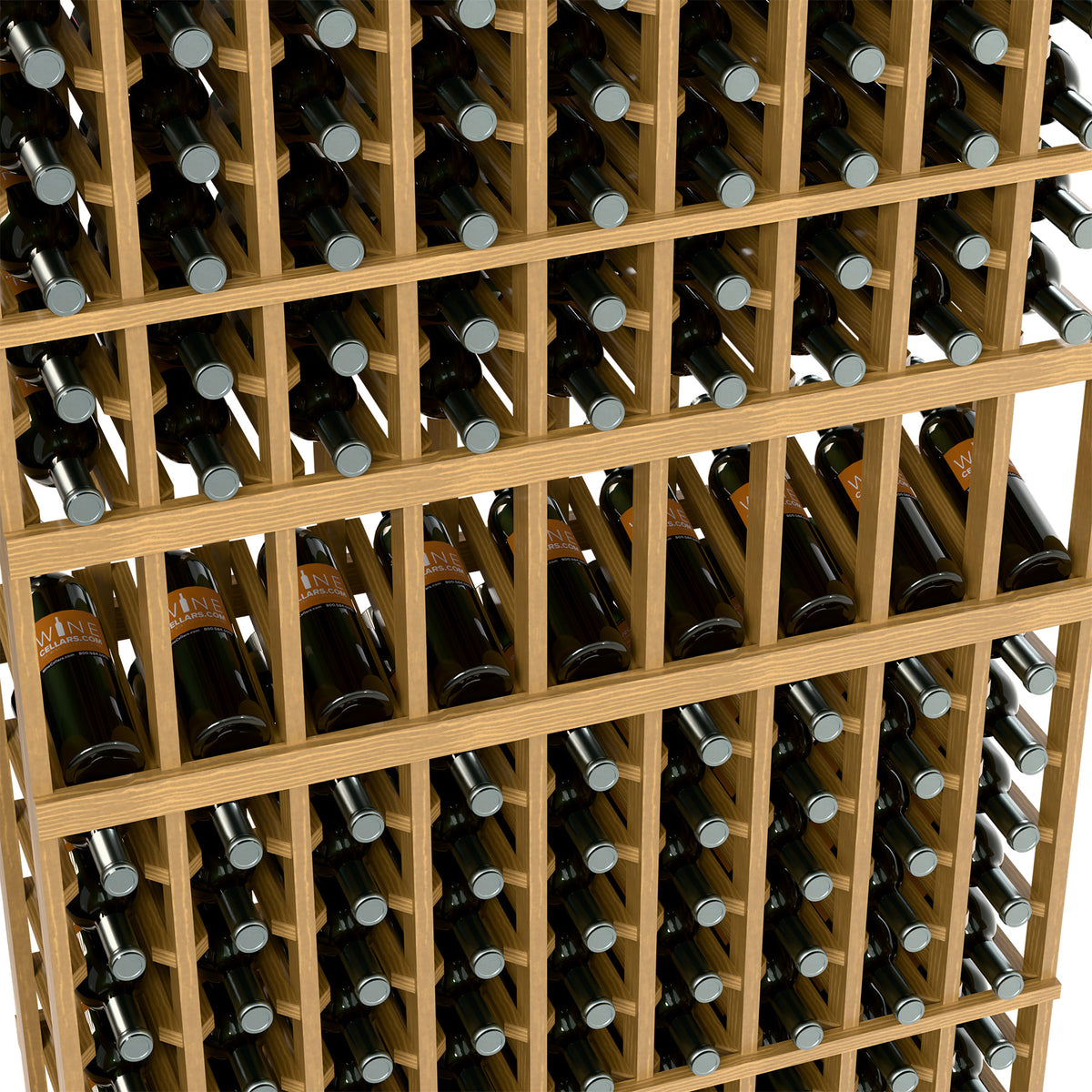 Close-up of light wood wine bottle rack with dark bottles and silver caps