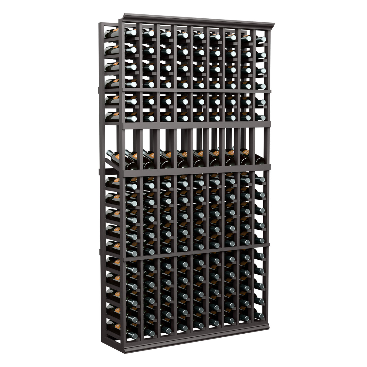 Dark wood 9-column wine bottle display rack with front loading rows