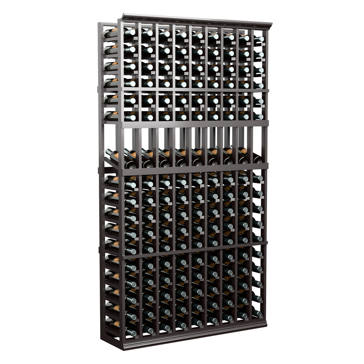 Dark wood wine bottle display rack showing multiple 9-column bottle spaces
