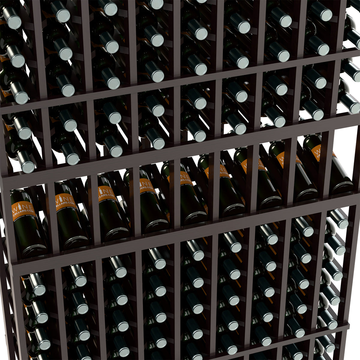 Close-up view of dark wood wine bottle rack with front bottle openings