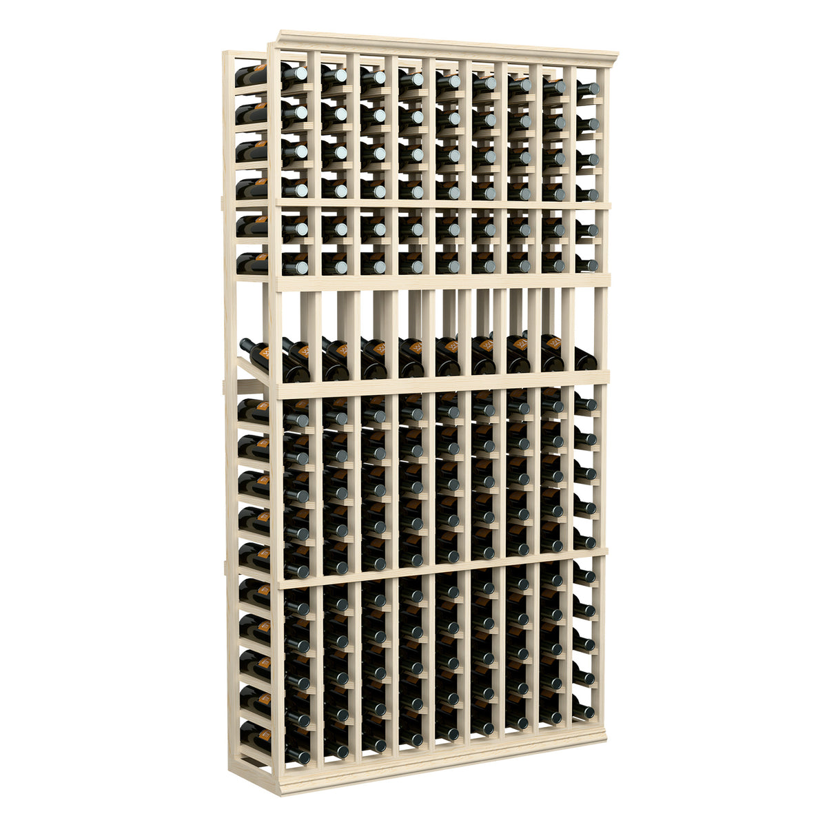 Freestanding 9-column wine bottle rack with light wood frame and front grid