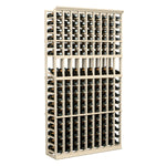 Freestanding 9-column wine bottle rack with light wood frame and front grid
