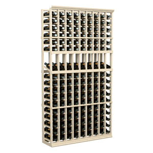 Freestanding 9-column wine bottle rack with light wood frame and front grid