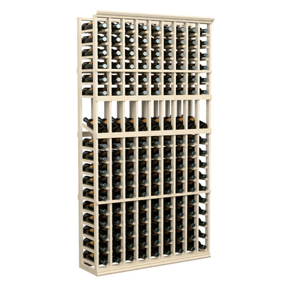 Freestanding 9-column wine bottle rack with light wood frame and front grid