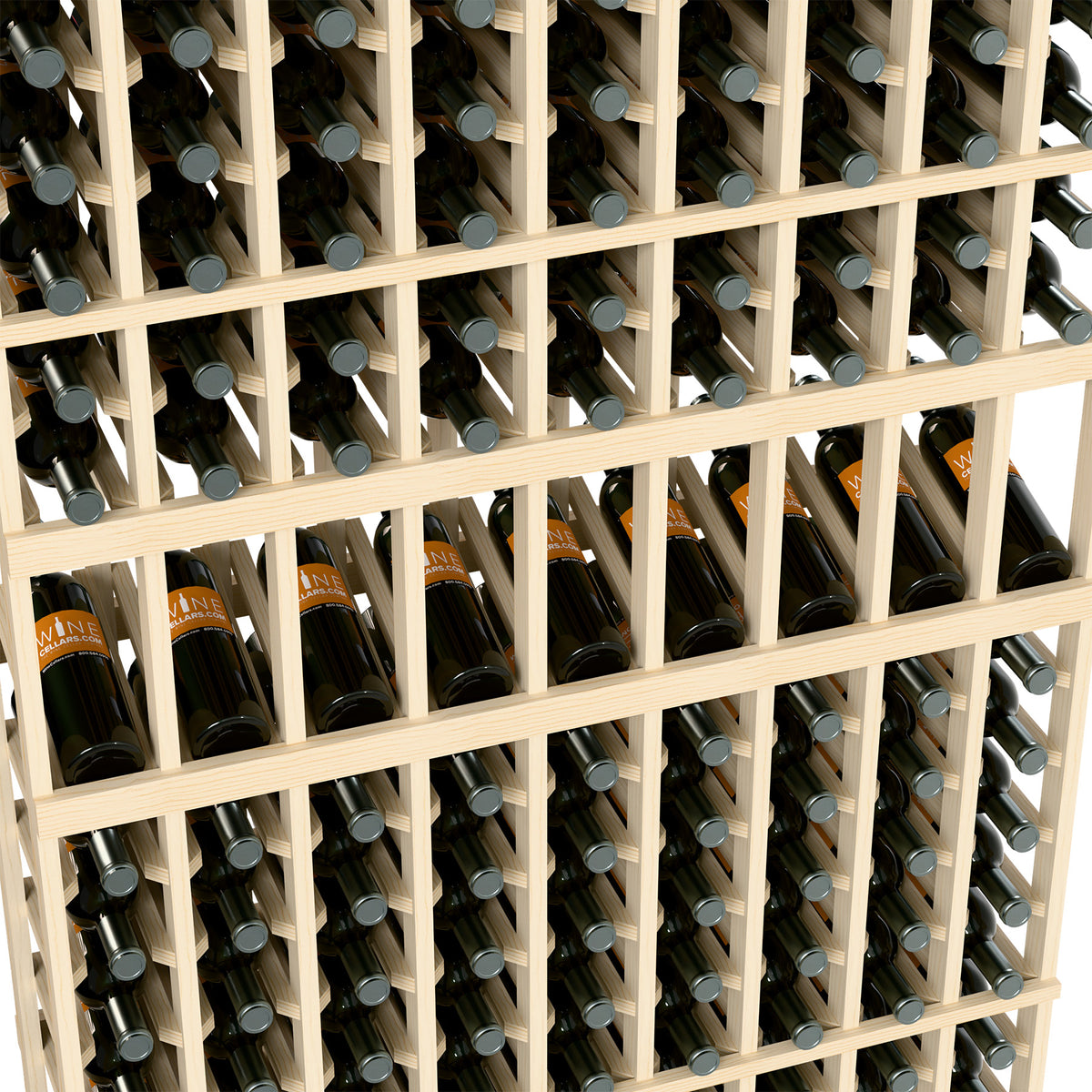 Angled close-up of light wood wine rack showing bottle necks and compartment rows