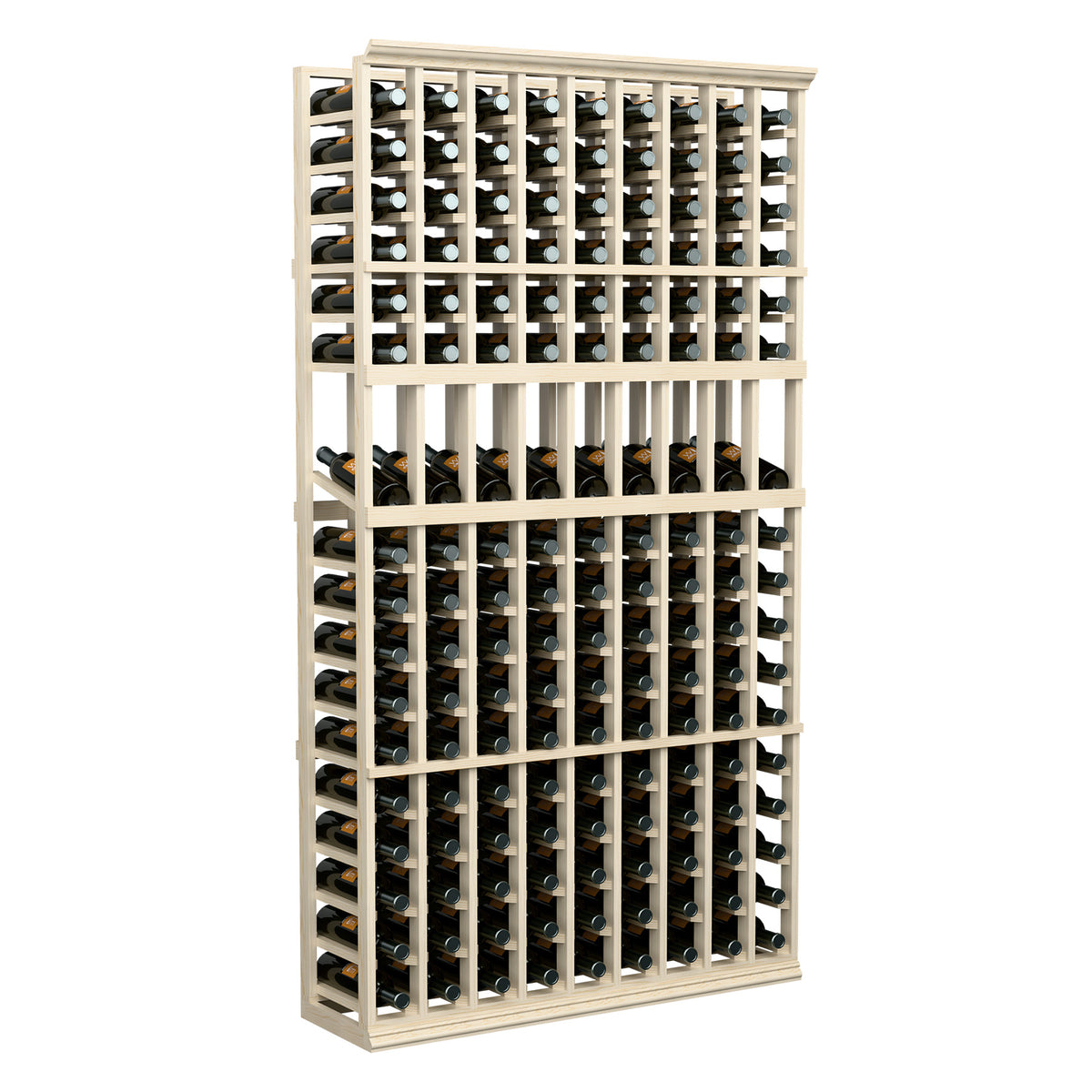 Tall 9-column wine bottle display rack with open grid cells in light wood