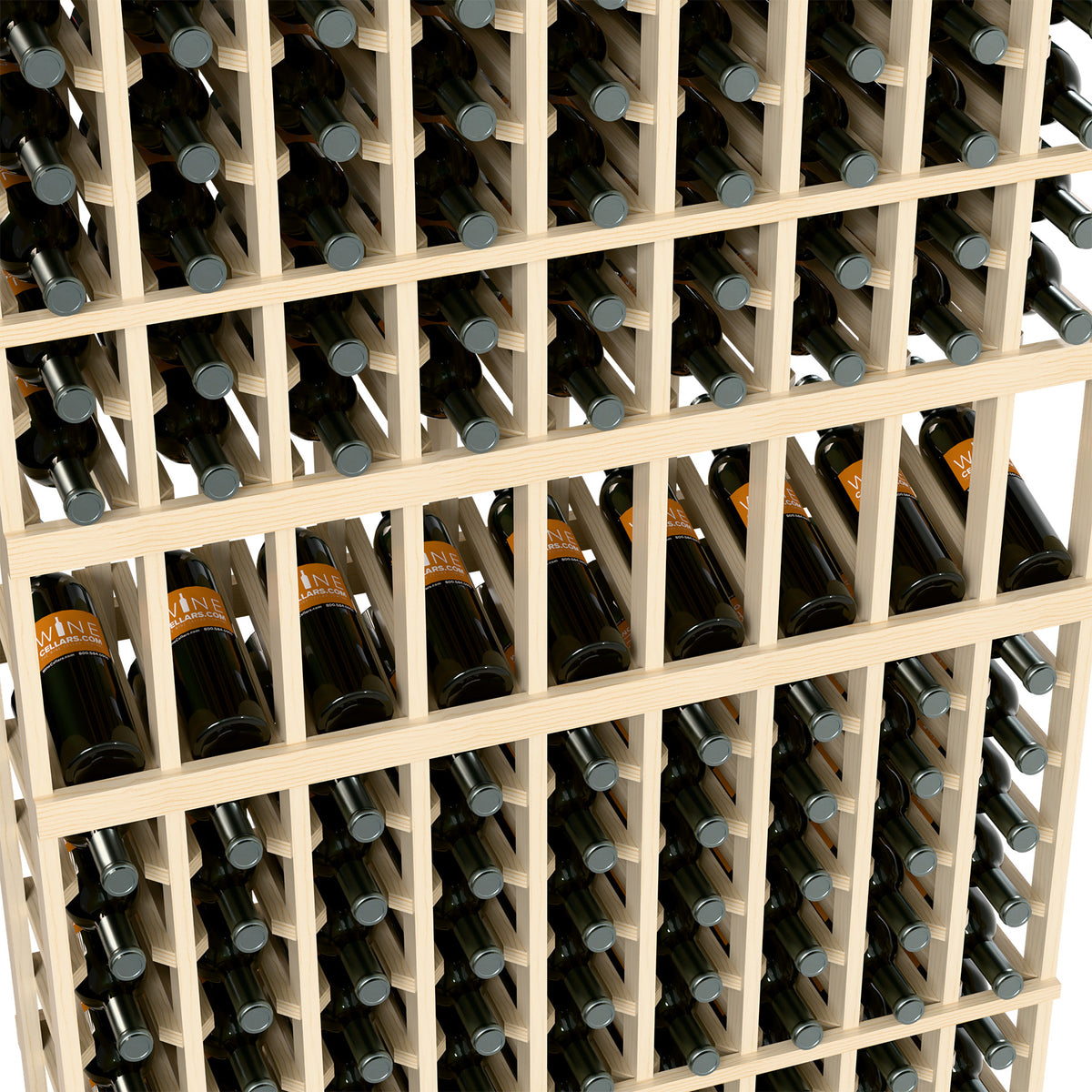 Close-up of light wood wine rack compartments with bottles stored upright