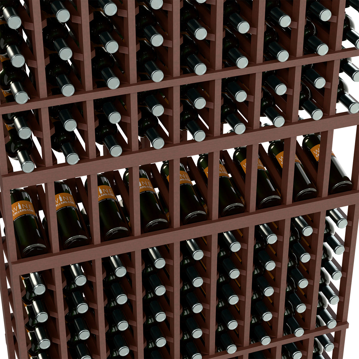 Close-up of dark brown wine rack holding bottles in square storage rows