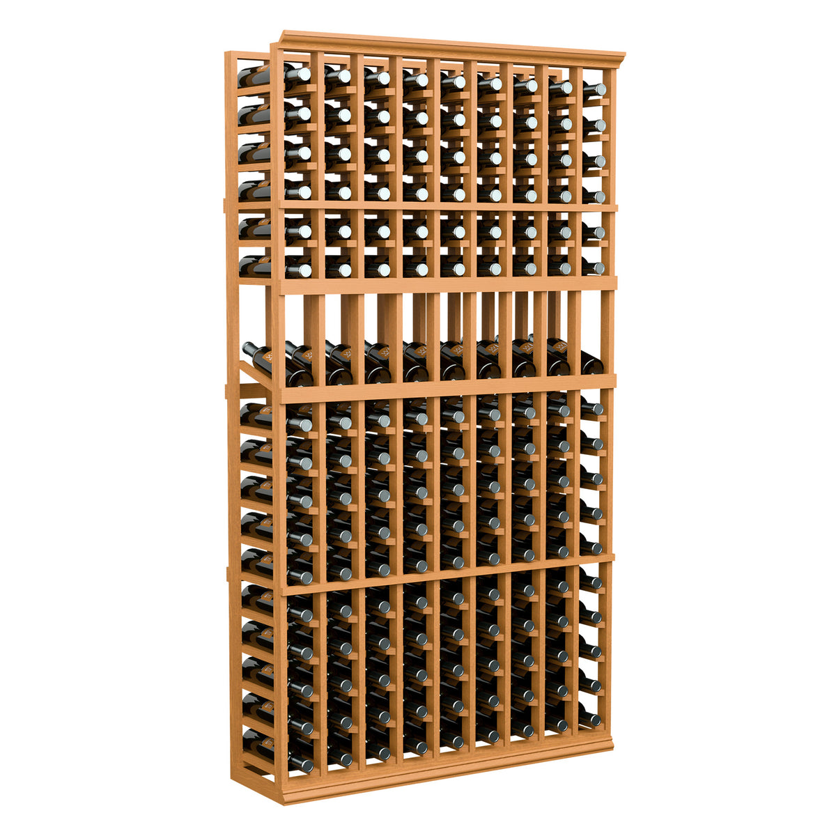 Light wood 9-column wine bottle display rack with multiple rows of stored bottles