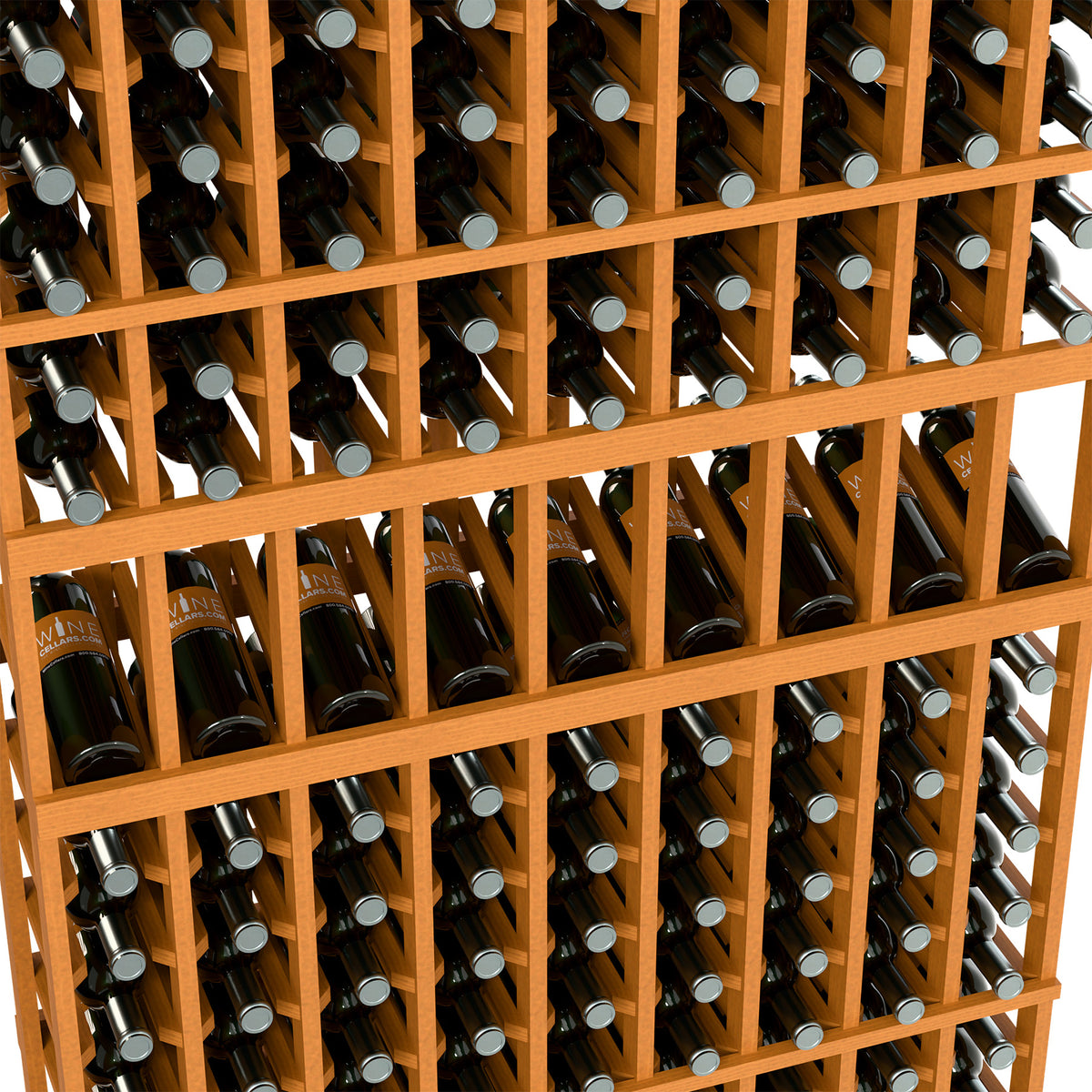 Close-up of light wood wine rack holding bottles in 9-column grid