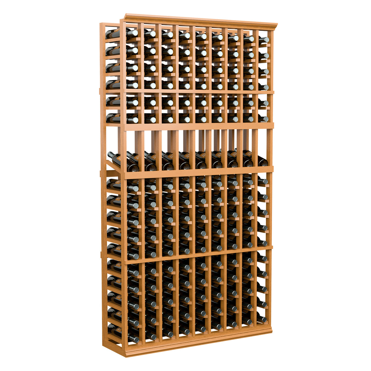 Wood wine bottle display rack with 9 columns and multiple rows for storage bottles