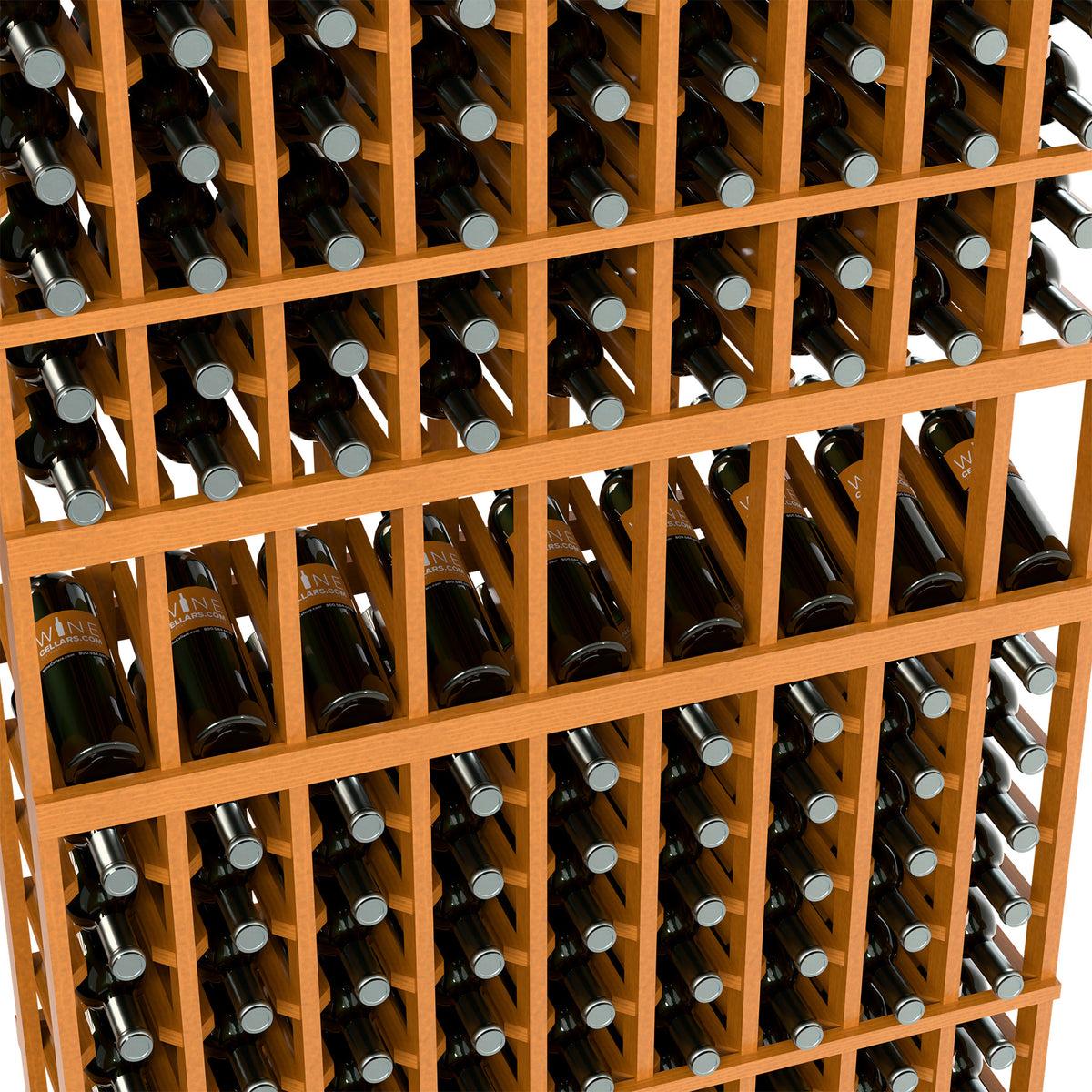 Close-up of wood wine rack showing bottles stored in a 9-column grid