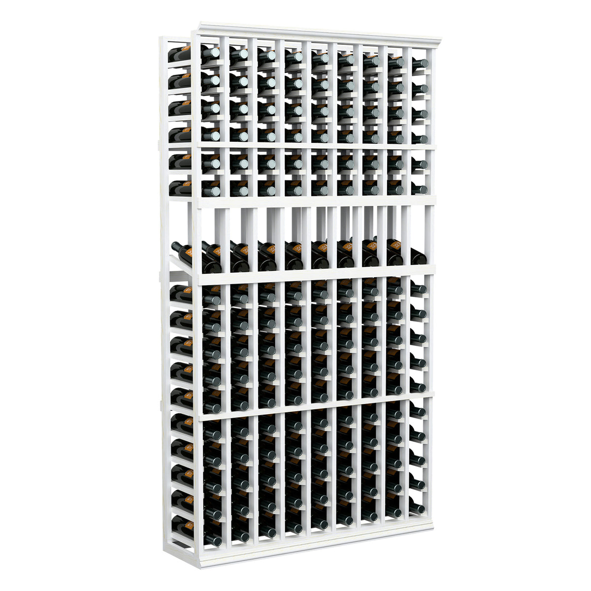 White 9-column wine bottle display rack with multiple rows of stored bottles