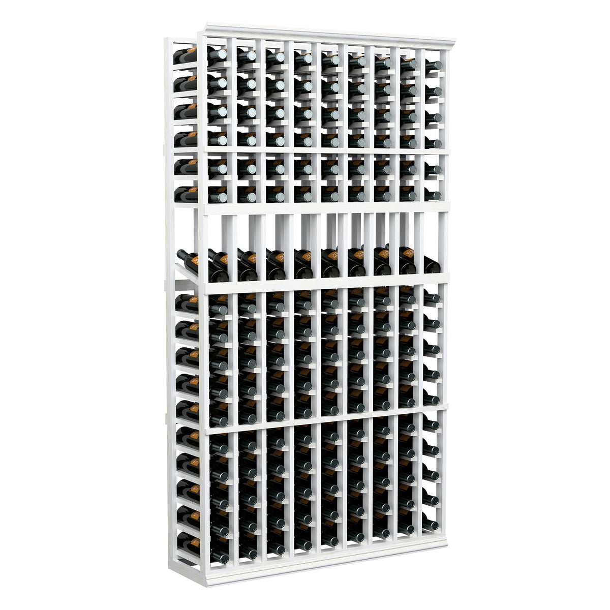 White wine bottle display rack with 9 columns and multiple rows for bottle storage