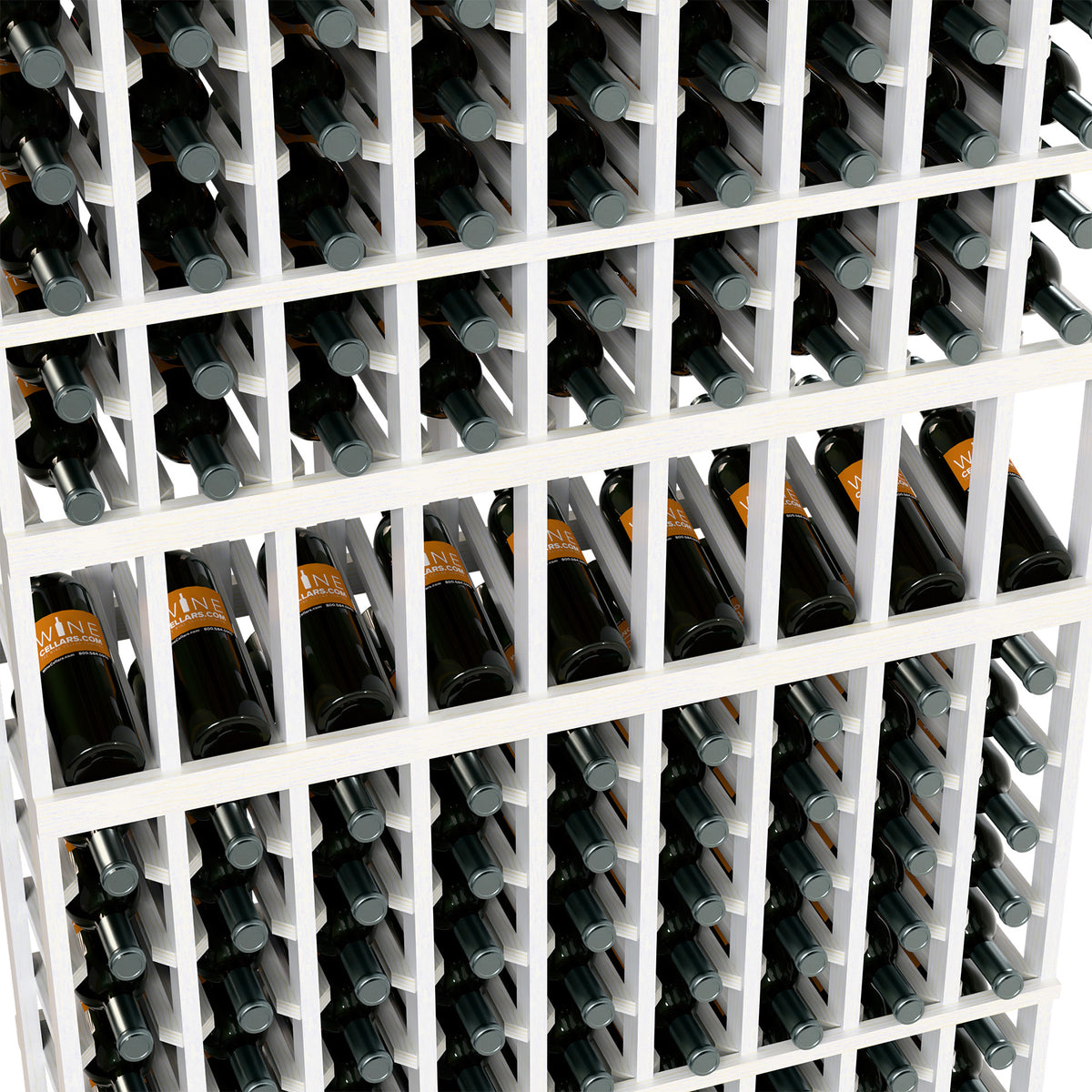 Close-up of white wine rack showing bottles stored in a 9-column grid