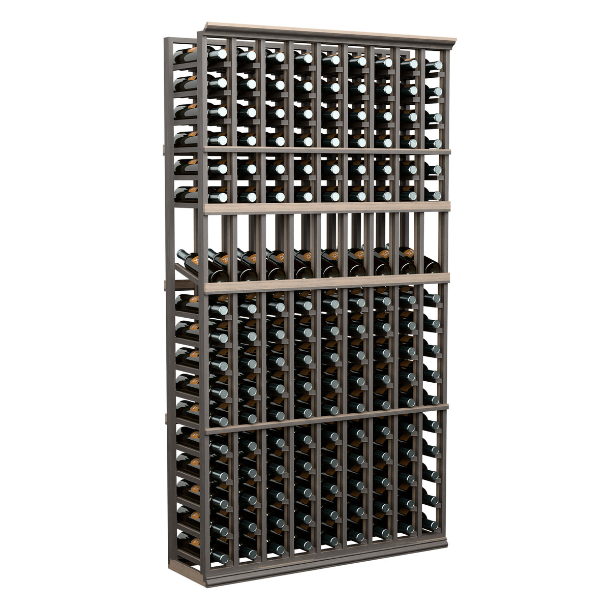 9-column wine bottle display rack with dark wood frame and multiple bottle slots