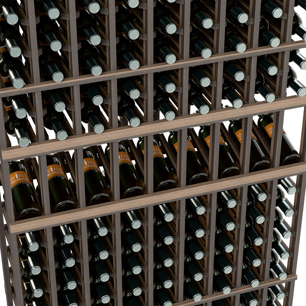 Close-up of wine bottle rack showing bottle rows and dark wooden dividers
