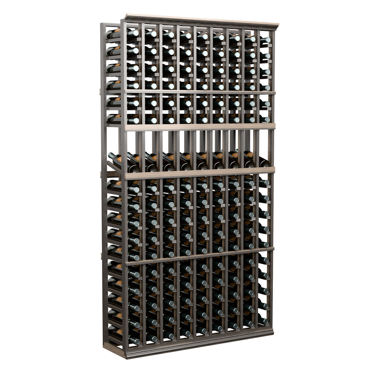 Wine bottle display rack with dark wood frame and 9 vertical bottle columns