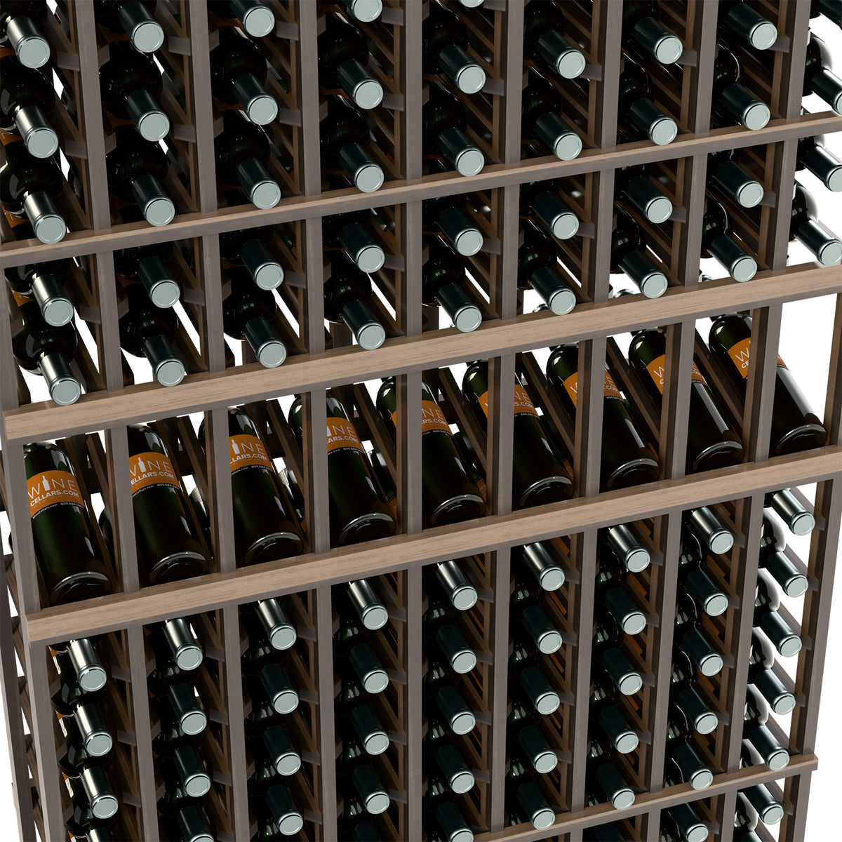 Close-up of wine bottle slots in a dark wood wine rack with metal bottle necks