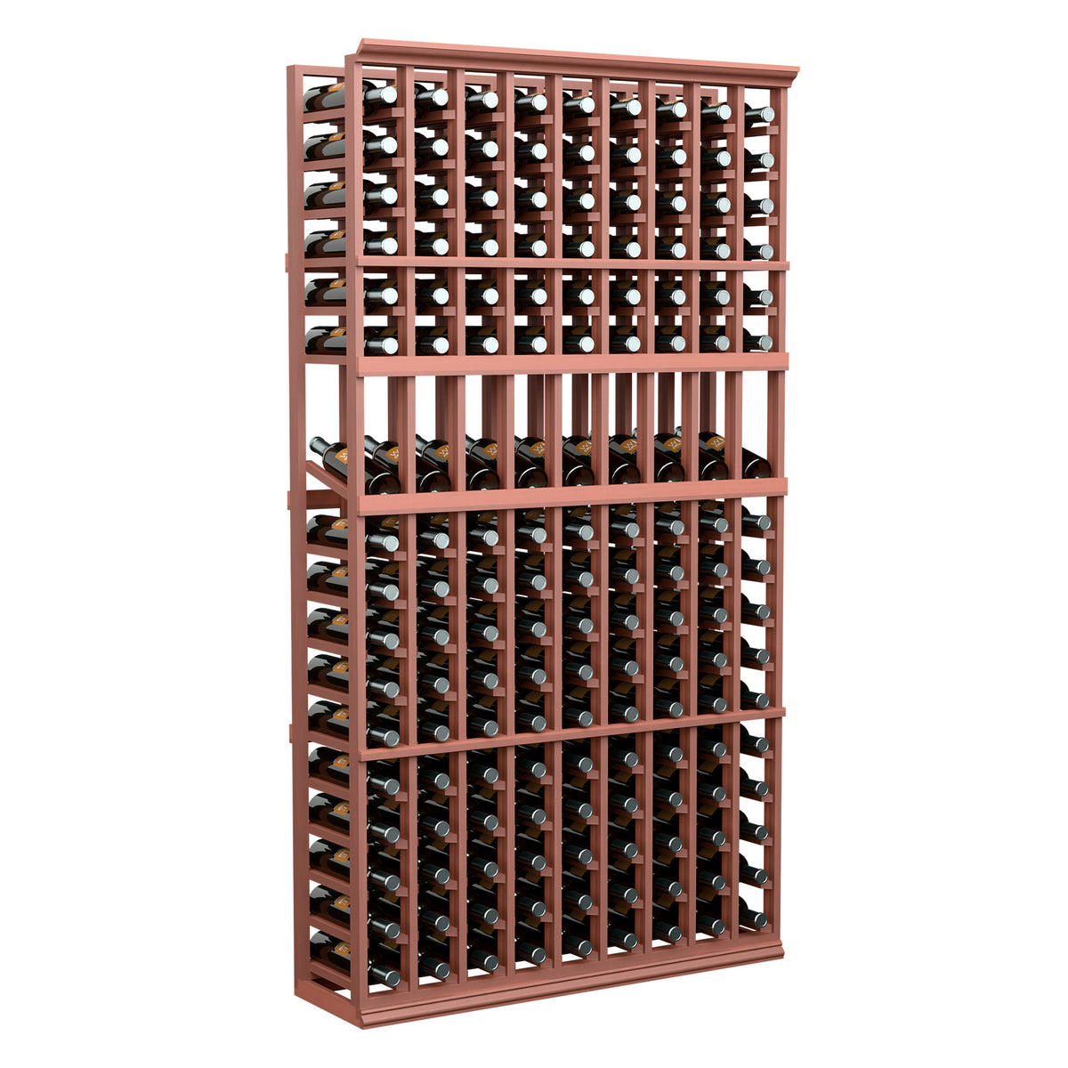 9-column wine bottle display rack with reddish wood frame and multiple bottle slots