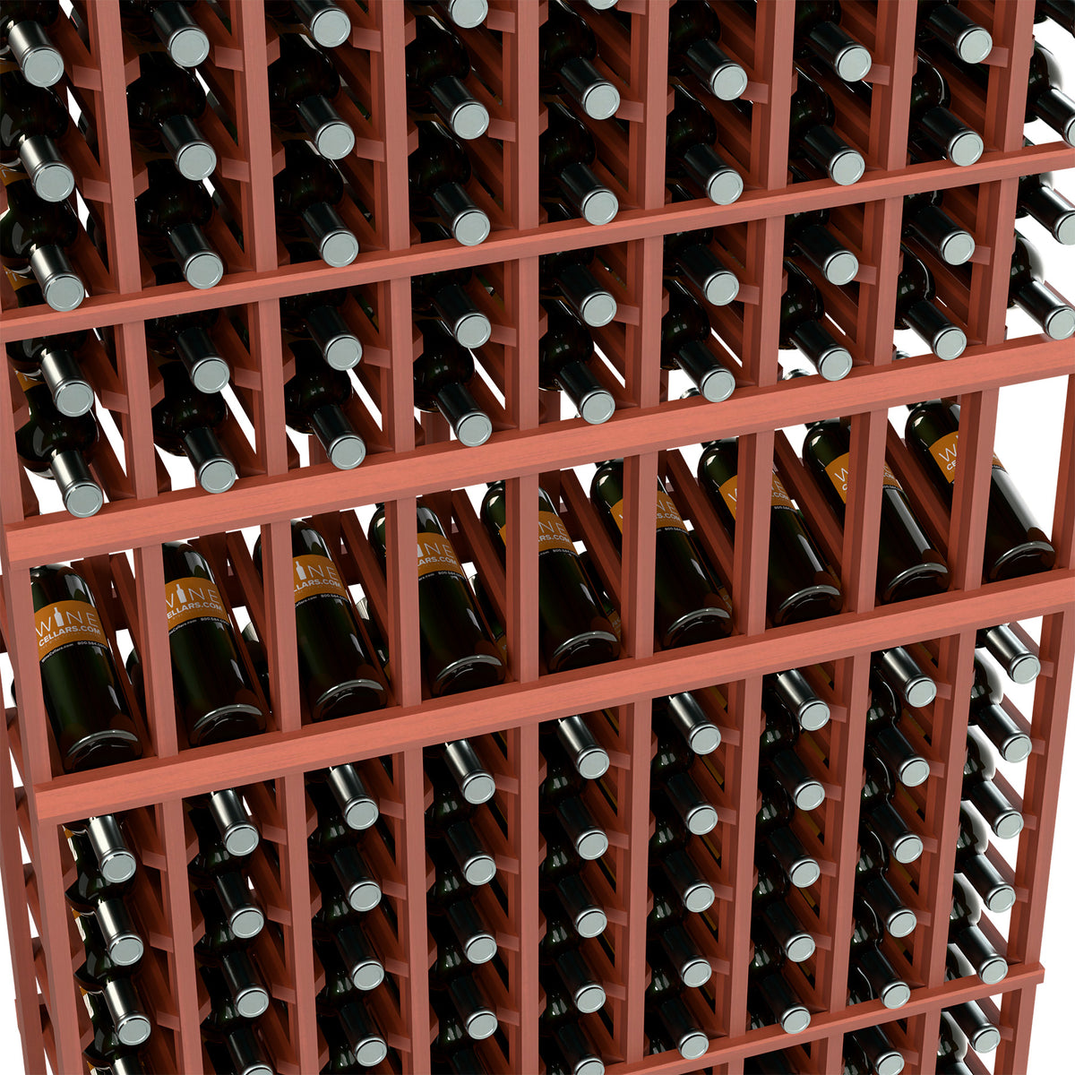 Close-up of wine bottle storage rack with reddish wooden dividers and bottle rows