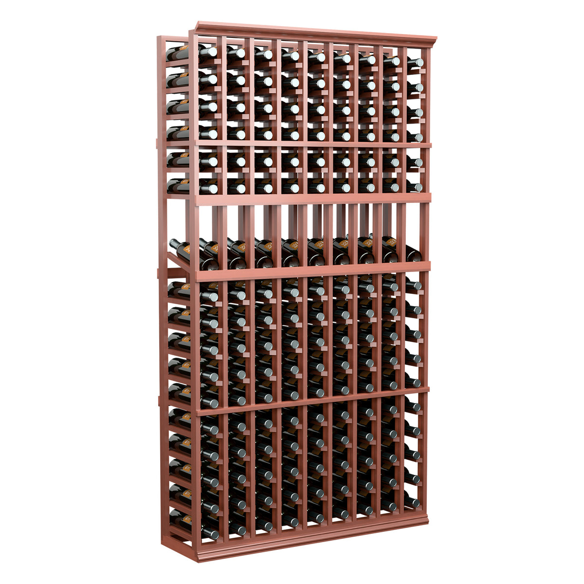 Freestanding wine bottle display rack with dark wood frame and open bottle compartments