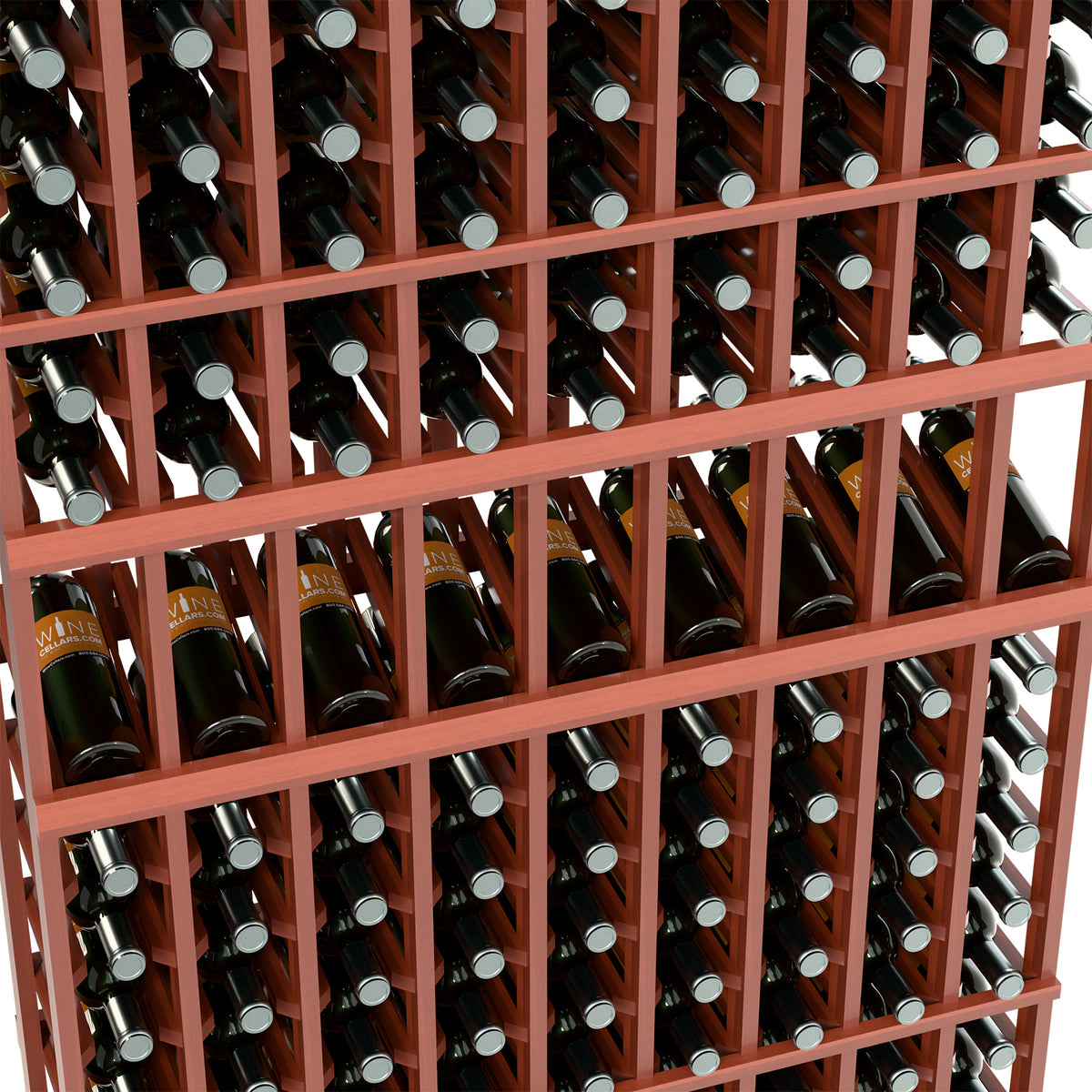 Close-up of bottle rows in a reddish wood wine rack with metal-capped bottles