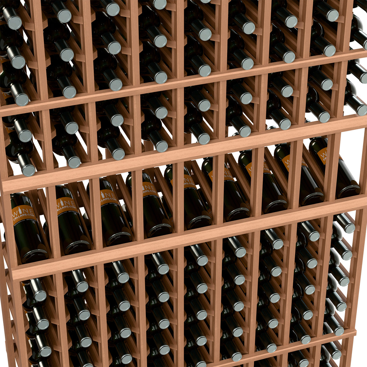 Close-up of wine bottle storage in a reddish wood rack with multiple bottle levels