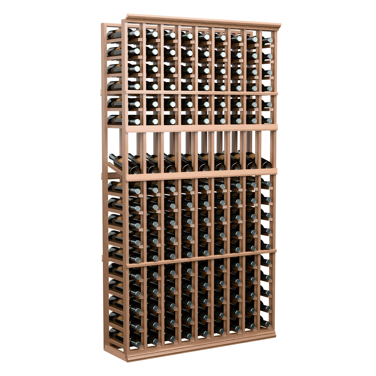 Light wood wine bottle display rack with grid holding bottles in rows