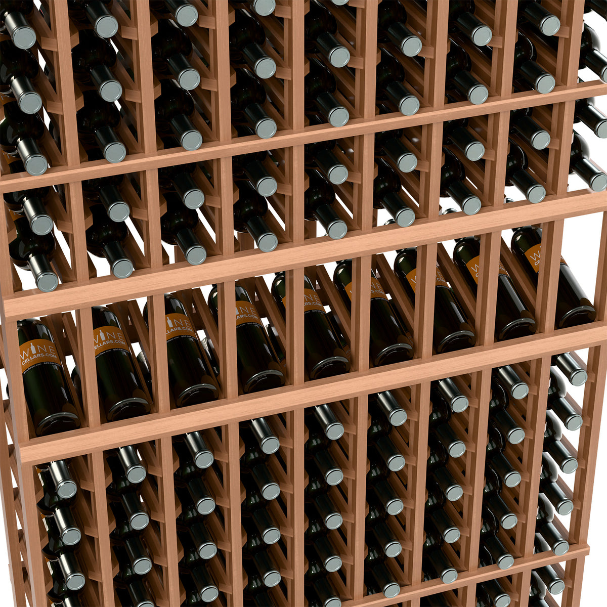 Close-up light wood wine rack grid with bottles seated in bottle slots