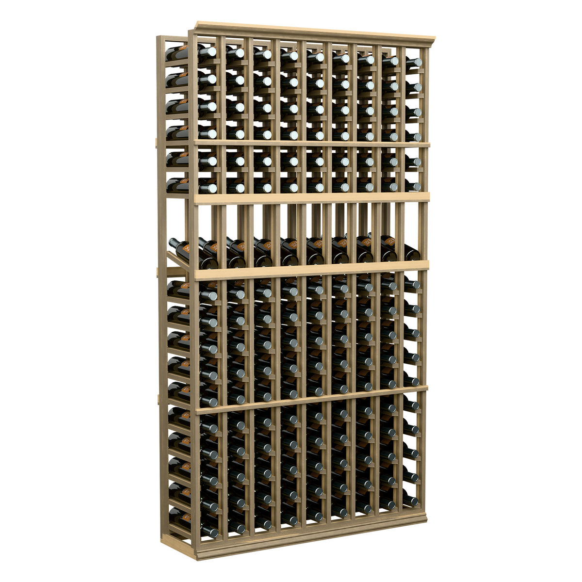 Light wood wine bottle display rack with square grid and multiple bottle rows
