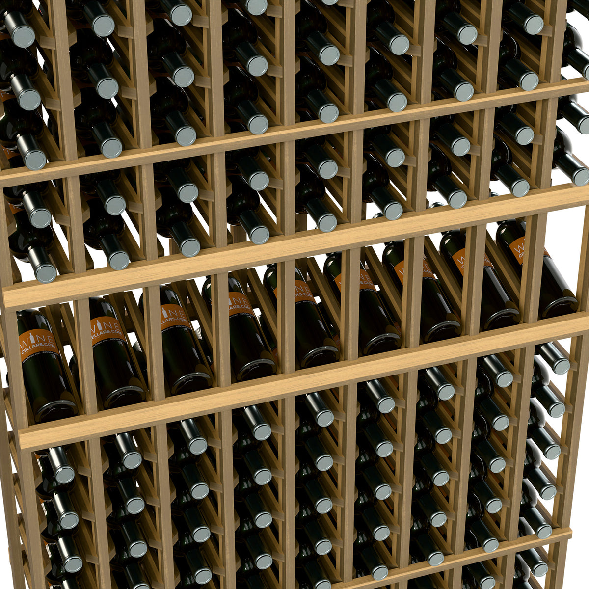 Close-up light wood wine rack frame with bottles in horizontal slots