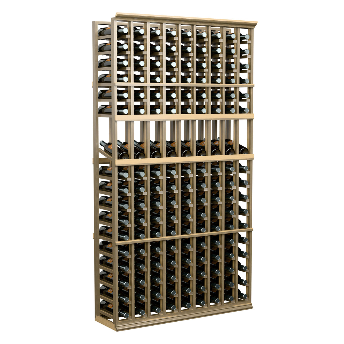 Light wood wine bottle display rack standing with grid storing many bottles