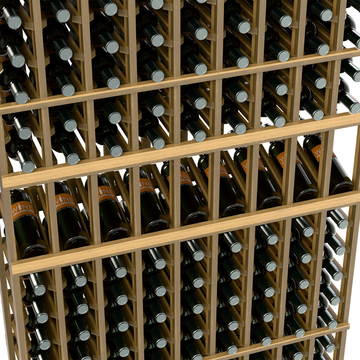 Close-up light wood wine rack with bottles nestled in compartment rows