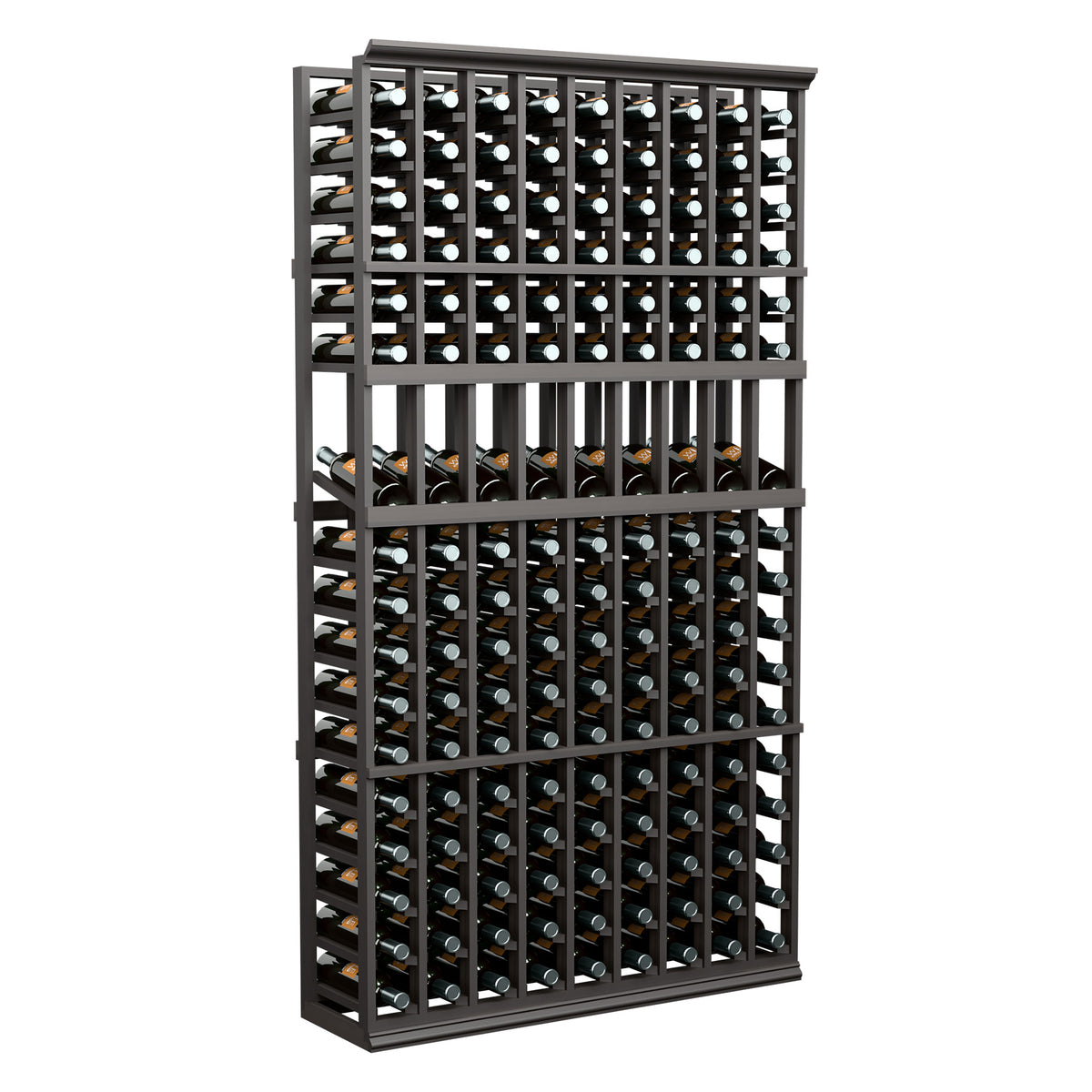 Black wine bottle display rack with grid holding bottles in stacked rows
