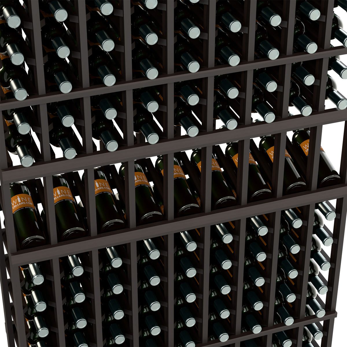 Close-up black wine rack grid with bottles seated in bottle slots