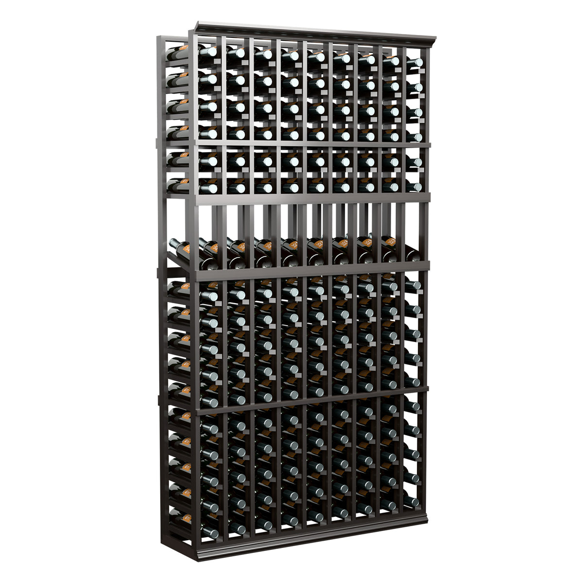 Black wine bottle display rack standing with square grid and bottle rows