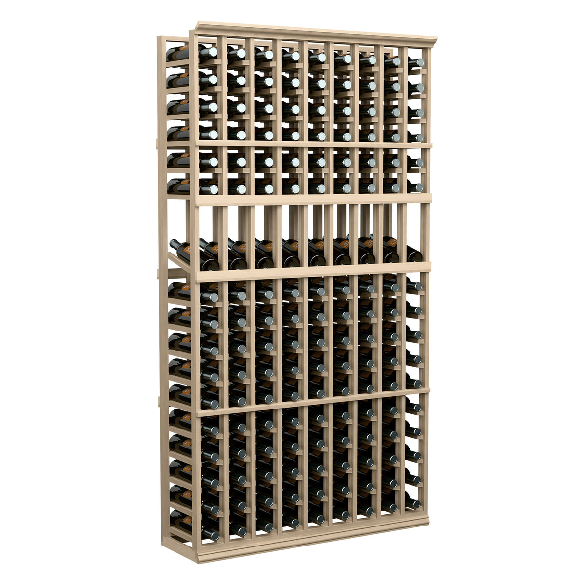 6-ft 9-column wood wine display rack with bottle slots and grid shelves