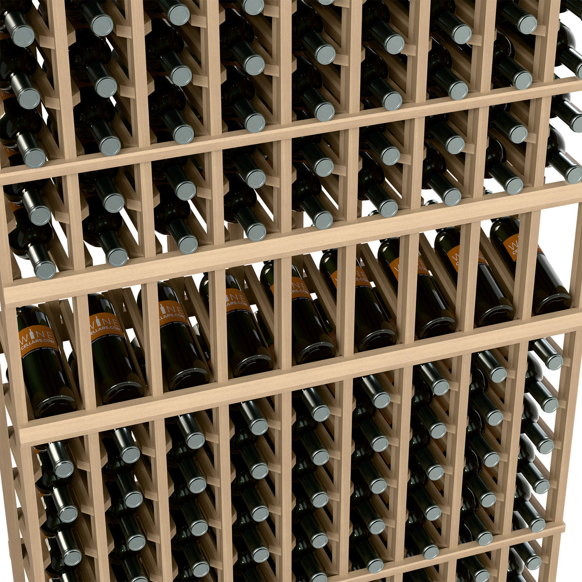Wood wine rack close-up showing bottles stored in a 9-column grid