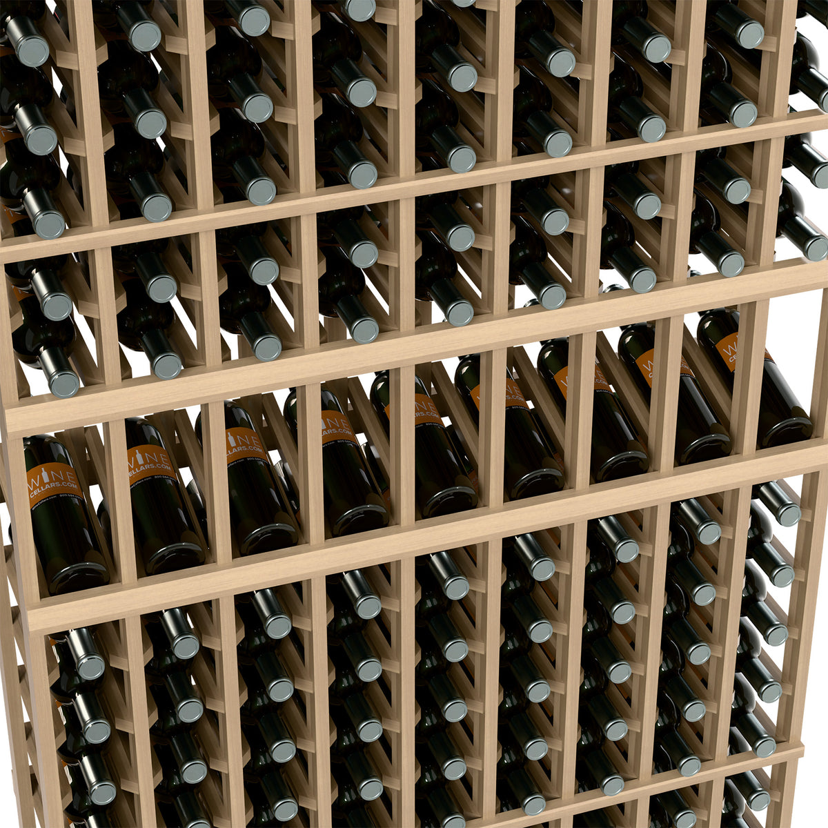 Wood wine rack close-up with wine bottles in square grid openings