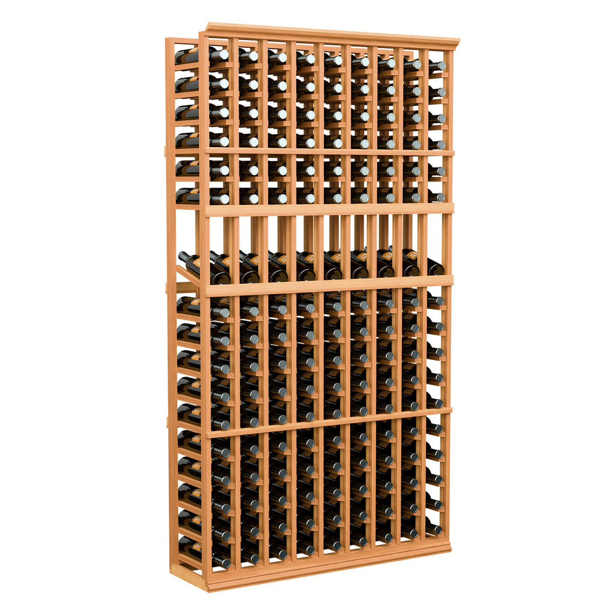 6-ft 9-column wood wine display rack with bottle slots in an open frame