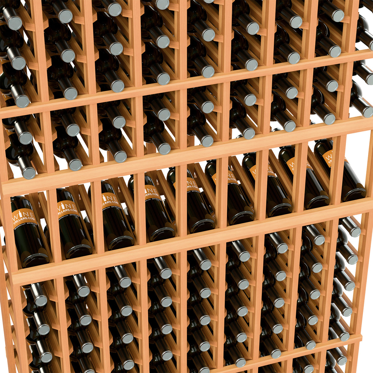 Close-up of wood wine display rack holding bottles in a 9-column grid