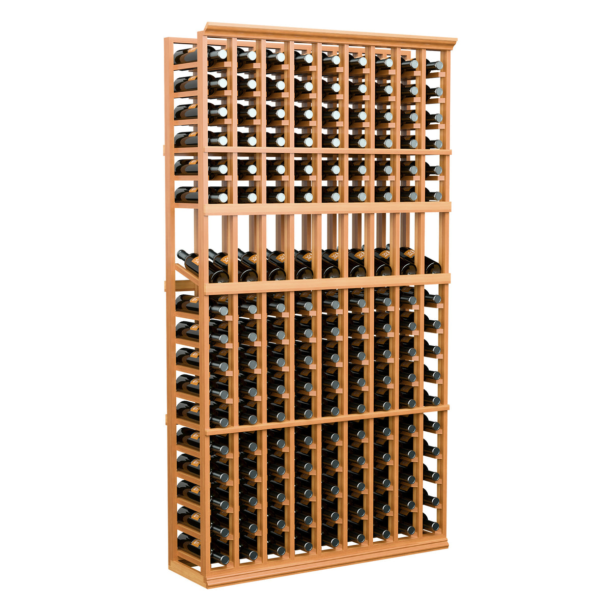 6-ft 9-column wood wine display rack with bottle slots and stacked rows