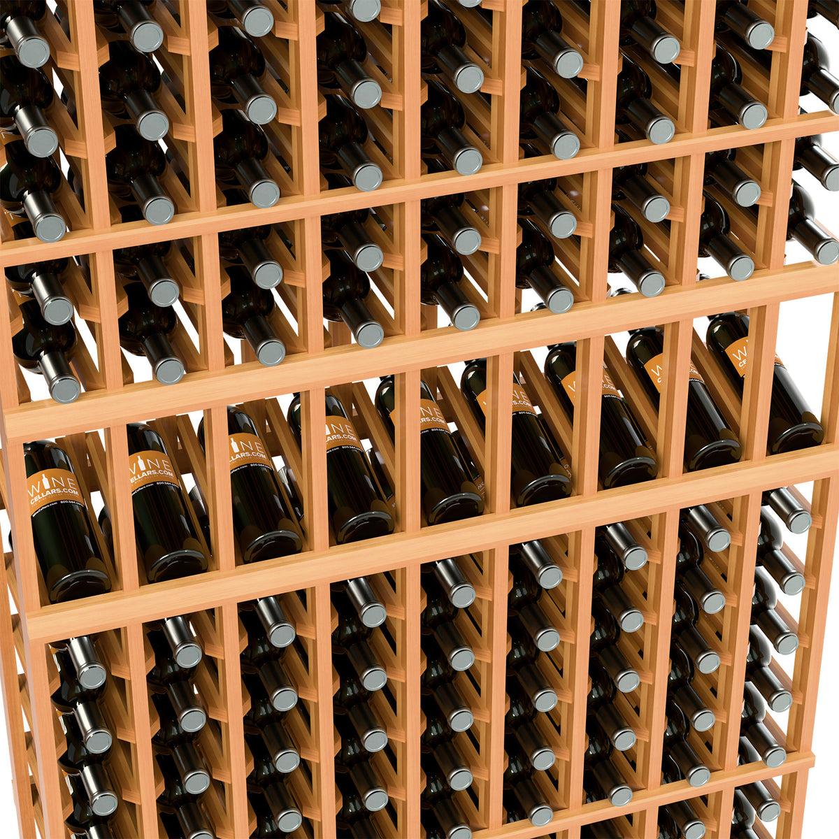 Close-up of wood wine rack with bottles displayed in a square grid