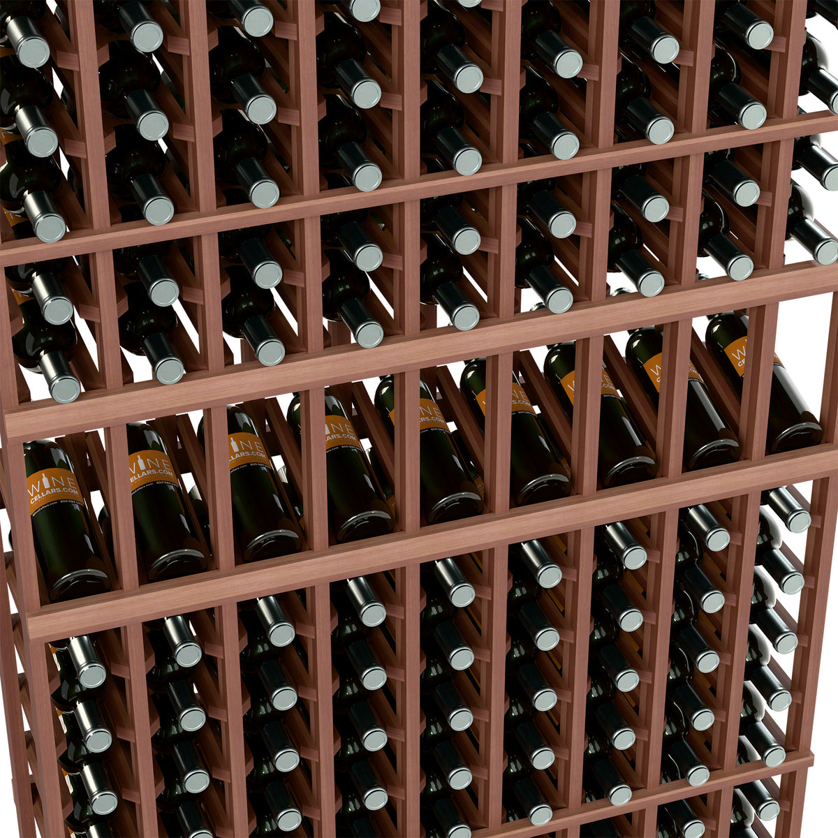 Wood wine rack close-up with wine bottles arranged in a 9-column grid
