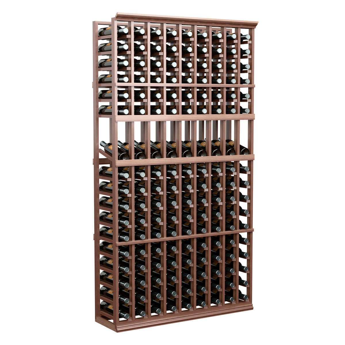 Wine bottle display rack with 9 columns, dark wood frame and stacked bottle slots