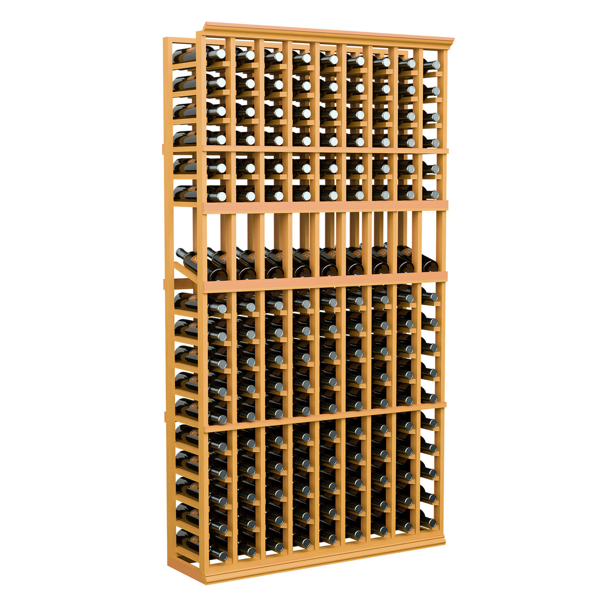 Wine bottle display rack with 9 columns, light wood frame and organized bottle slots